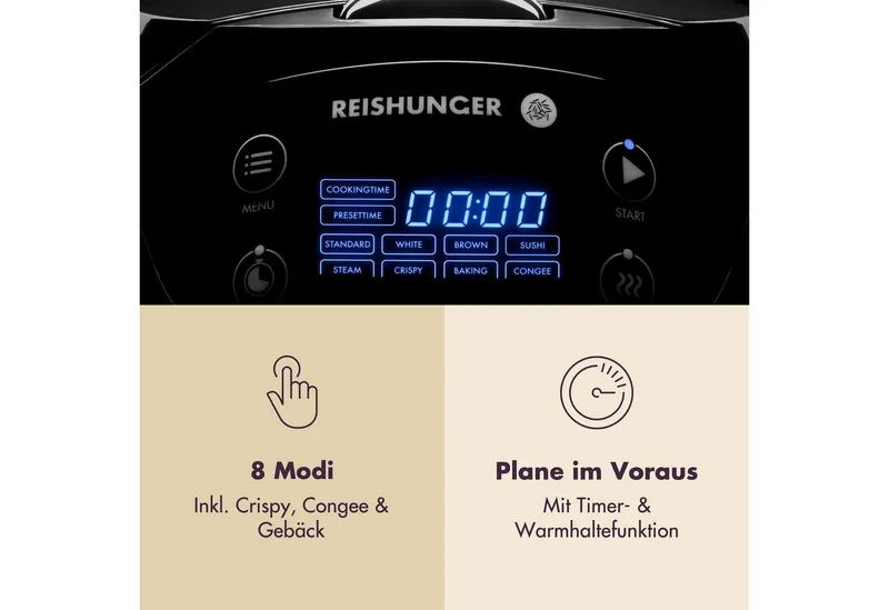 Reishunger Reishunger Reiskocher Digital Mini – 0,6 L – Multikocher – 8 Programme – Keramikbeschichtung, 350 W, Dämpfeinsatz, Messbecher, Reislöffel, Timer- und Warmhaltefunktion, Schwarz, – Produktbild 3 von 6