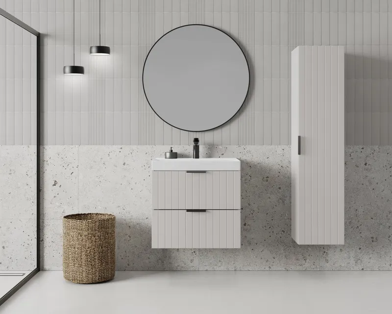 welltime Waschtisch HARMONY mit Waschbecken, Breite 60 oder 80cm, modernes Design, Schrank mit 2 Schubladen, Soft-Close-Function, Paneeloptik, Beige, – Produktbild 3 von 5