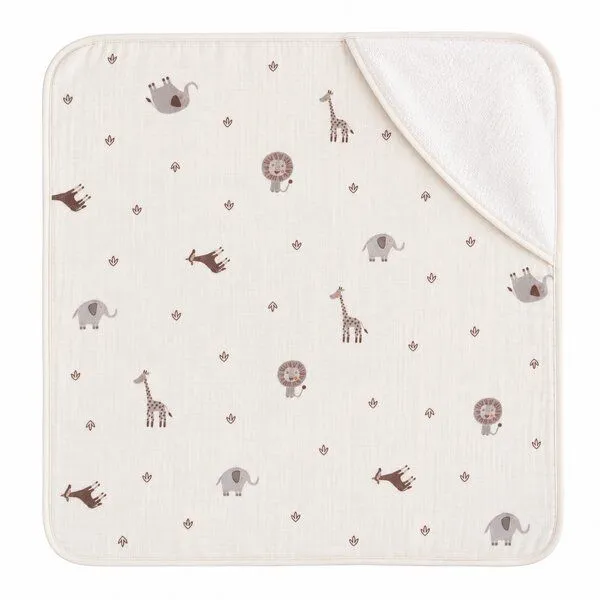 Bebekevi Bebekevi Baby Kapuzenbadetuch 75 × 75 cm aus Musselin & Frottee | Weiche Musselin-Innenseite | inkl. Waschhandschuh | Gemustert, Naturweiß forrest, – Produktbild 1 von 4