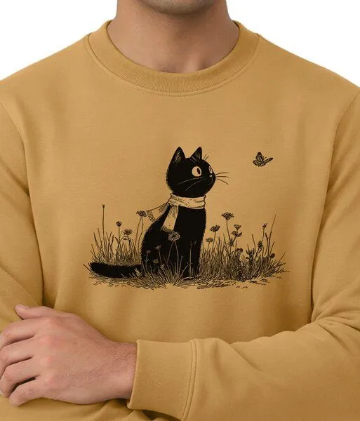 Spreecult Spreecult Katze und Schmetterling- Unisex Sweatshirt - Bio und Fair - Tiere, Gelb, – Produktbild 2 von 4