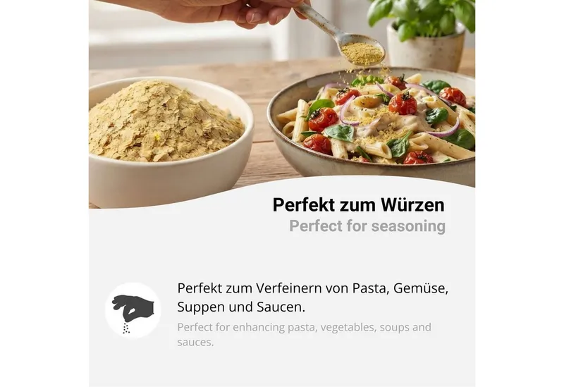 DistrEbution Gewürz Hefeflocken, vegane Parmesan-Alternative für Pasta und Salate, 1 x, Würzig-nussiger Umami-Geschmack, inaktive Nährhefe – Produktbild 4 von 5