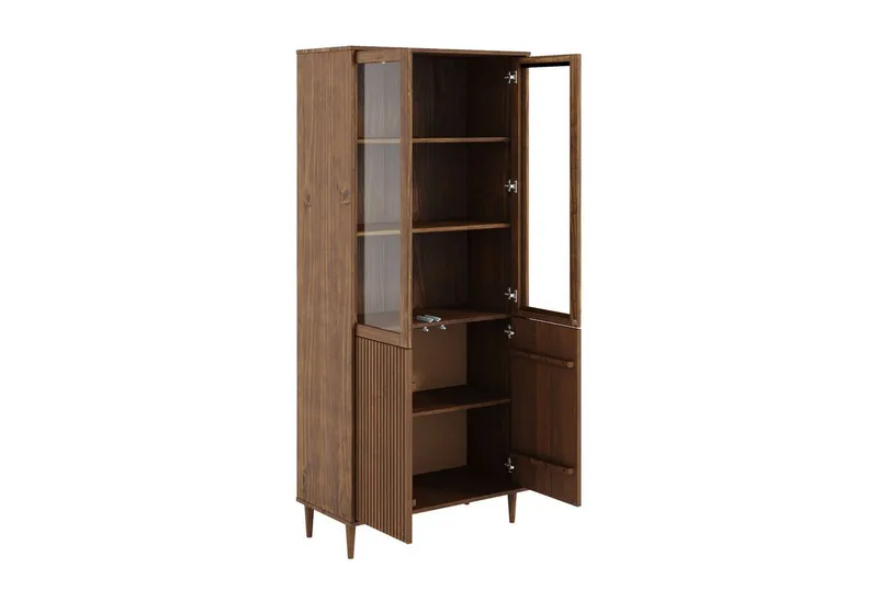OTTO home Vitrine Malmedy Front mit gefrästen Rillen aus massivem Kiefernholz, Push-to-open, FSC, Breite 80 cm, Höhe 180 cm, Braun, – Produktbild 3 von 4