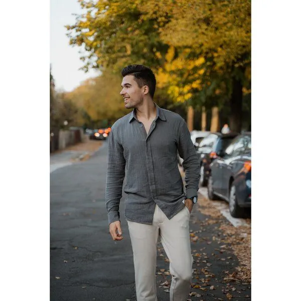 Hutch&Putch Hutch&Putch Langarm Musselin Herrenhemd - Business Casual Freizeit - aus 100% Bio-Baumwolle, Anthrazit, – Produktbild 4 von 4