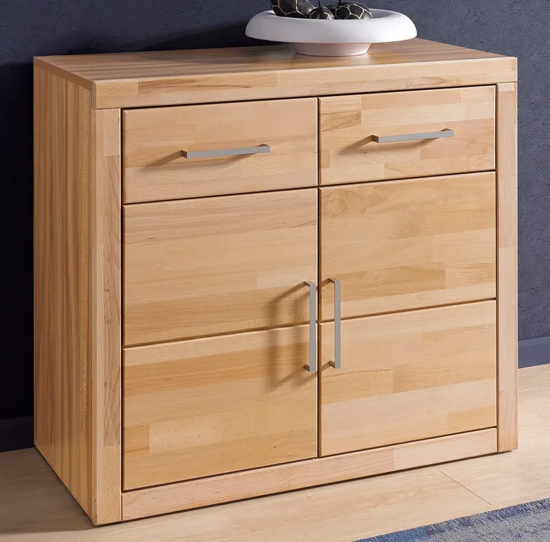 OTTO home Kommode Logo,90cm breit,42 cm tief, Fronten Massivholz,2 Türen,2 Schubladen, Holz massiv, Holzwerkstoff,2 breite Fächer,Boden versetzbar, Braun, – Produktbild 3 von 5