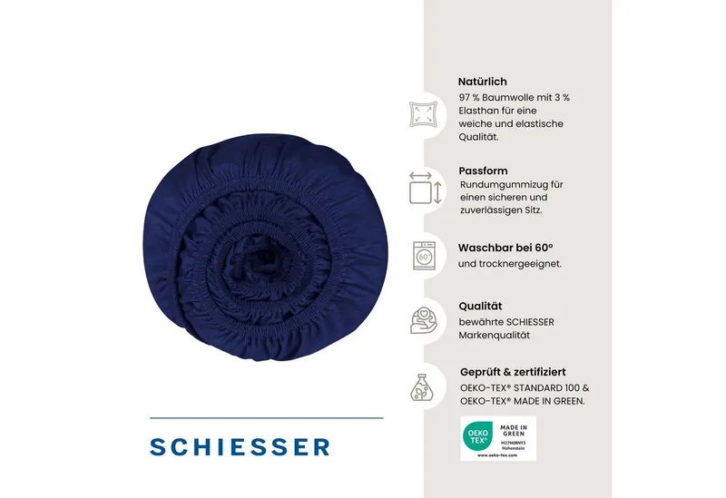 Schiesser Schiesser Spannbettlaken Elli aus weicher Baumwolle mit Elasthananteil für flexiblen Sitz, Jersey-Elasthan, Gummizug: rundum, (1 Stück), für hohe Matratzen und Boxspringbetten, OEKO-TEX® MADE IN GREEN, Blau, – Produktbild 3 von 5