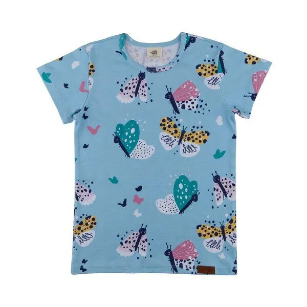 Walkiddy Kinder T-Shirt GOTS zertifiziert Bio-Baumwolle, Hellblau, Schmetterling-Muster, Walkiddy – Produktbild 1 von 2