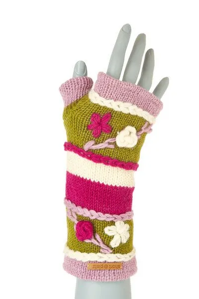 short'n'pietz short'n'pietz Schurwollhandstulpen gestreift mit Blumen bestickt, handgestrickt, Weiss pink grün, – Produktbild 1 von 2