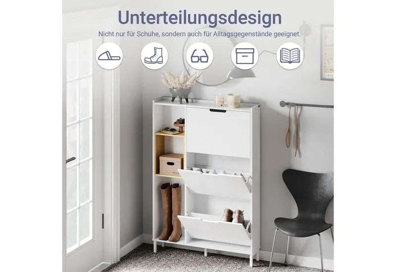 SoBuy Schuhschrank FSR209, Schuhkipper mit 3 Klappen, Schuhregal Schuhablage Schuhkommode Schuhschrank schmal, mit 3 Klappen, zusätzlichen Fächern, Bambus, Holz, Weiß, – Produktbild 2 von 5