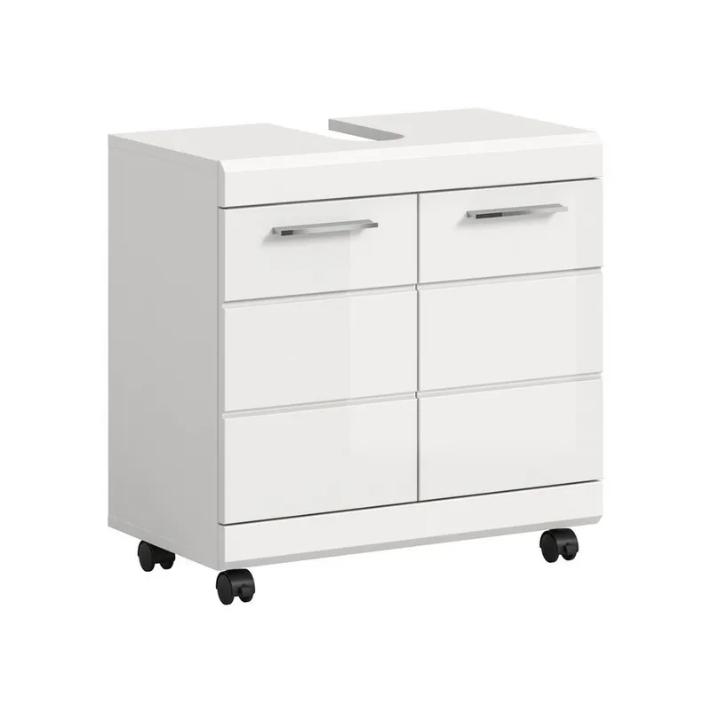 furnling Waschbeckenunterschrank auf Rollen - Scott mit Siphon-Ausschnitt und pflegeleichter Hochglanz-Front, Breite 60 cm, Weiß, – Produktbild 2 von 4