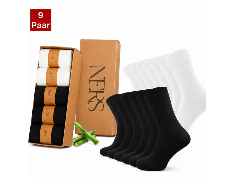 NERS Basicsocken aus Bambus Damen & Herren, ohne Naht im Zehenbereich, Komfortbund (Spar-Set, 9-Paar, verstärkte Verse) Premium Bambussocken Atmungsaktiv & Weich, mit Geschenkbox, Schwarz, – Produktbild 1 von 5