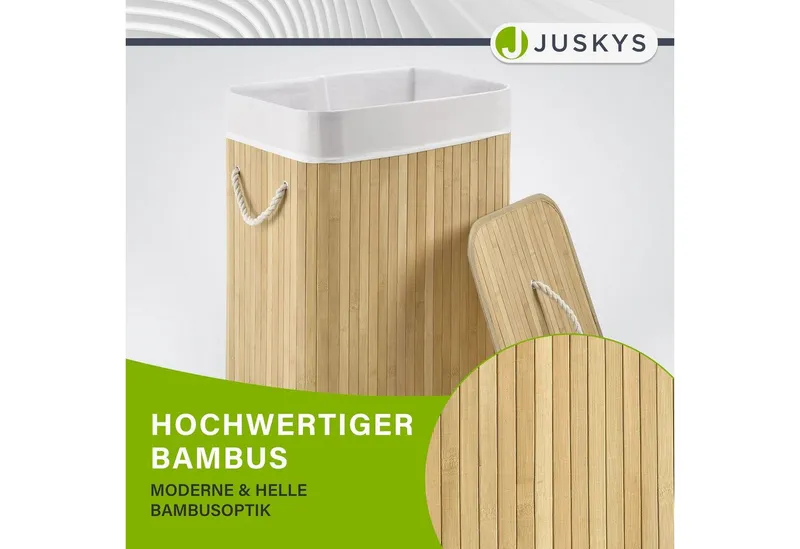Juskys Wäschekorb Curly 72 L in Natur aus Bambus mit Deckel & waschbarem Wäschesack, Wäschesammler für 2 Personen, faltbar mit Griffen, 40 x 30 x 60 cm, Beige, – Produktbild 5 von 5