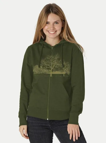 Peaces.bio - handbedruckte Biomode Peaces.bio - handbedruckte Biomode Zip-Hoodie Landscape Damen, Waldgrün, – Produktbild 2 von 2