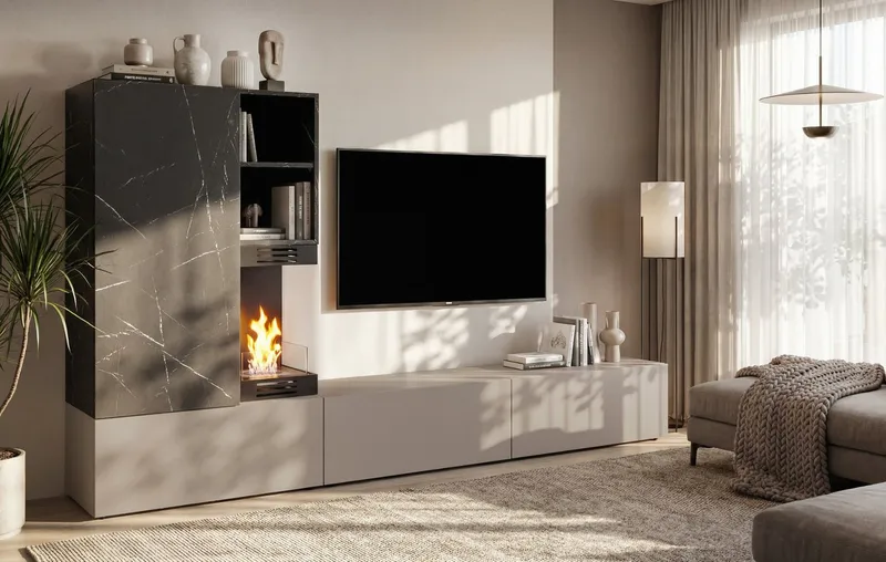 Inn.Furn Wohnwand Cosy, (TV Schrankwand in Marmor und hellem Grau, 6-St., integrierter Kamin, 270 x 158 cm), mit viel Stauraum und Push-To-Open-Funktion, Grau, – Produktbild 2 von 5