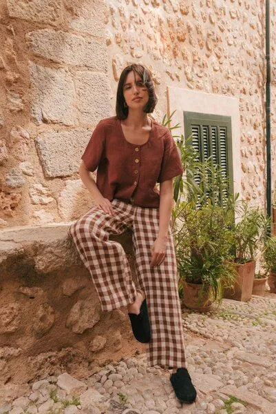 AmourLinen AmourLinen Barbora gerade Leinenhose, Mokka-gingham, – Produktbild 3 von 3