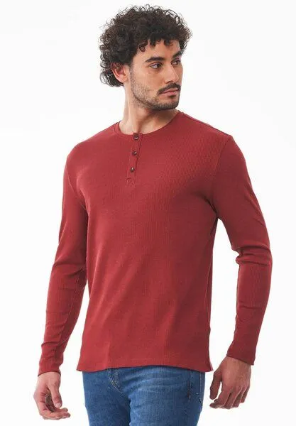 ORGANICATION ORGANICATION Geripptes Henley Langarmshirt aus Bio-Baumwolle, Merlot, – Produktbild 4 von 4