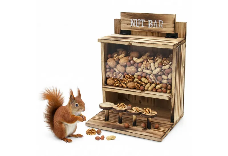 Spetebo Futterstation Eichhörnchen Futterstation NUT BAR aus Holz - 32 x 24 cm, Holz / Acryl, Praktischer Klappdeckel, Beige, – Produktbild 1 von 5