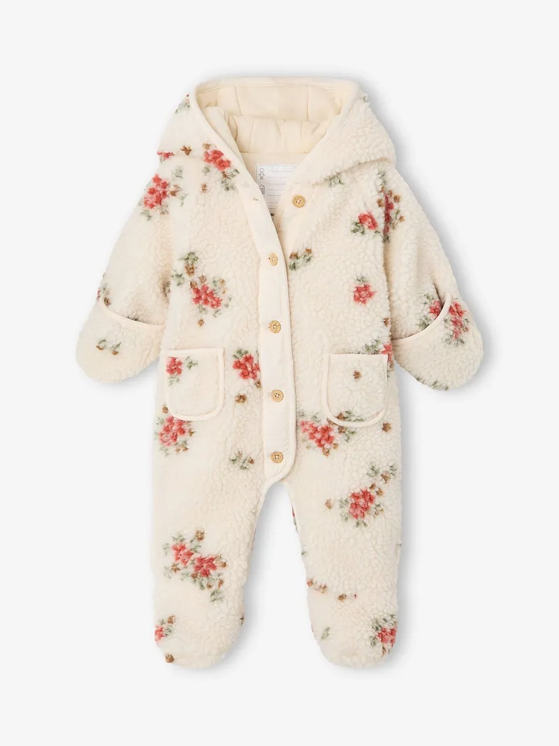 Vertbaudet Vertbaudet Baby Winteroverall mit Kapuze und Blumenprint, Vanille, – Produktbild 2 von 4