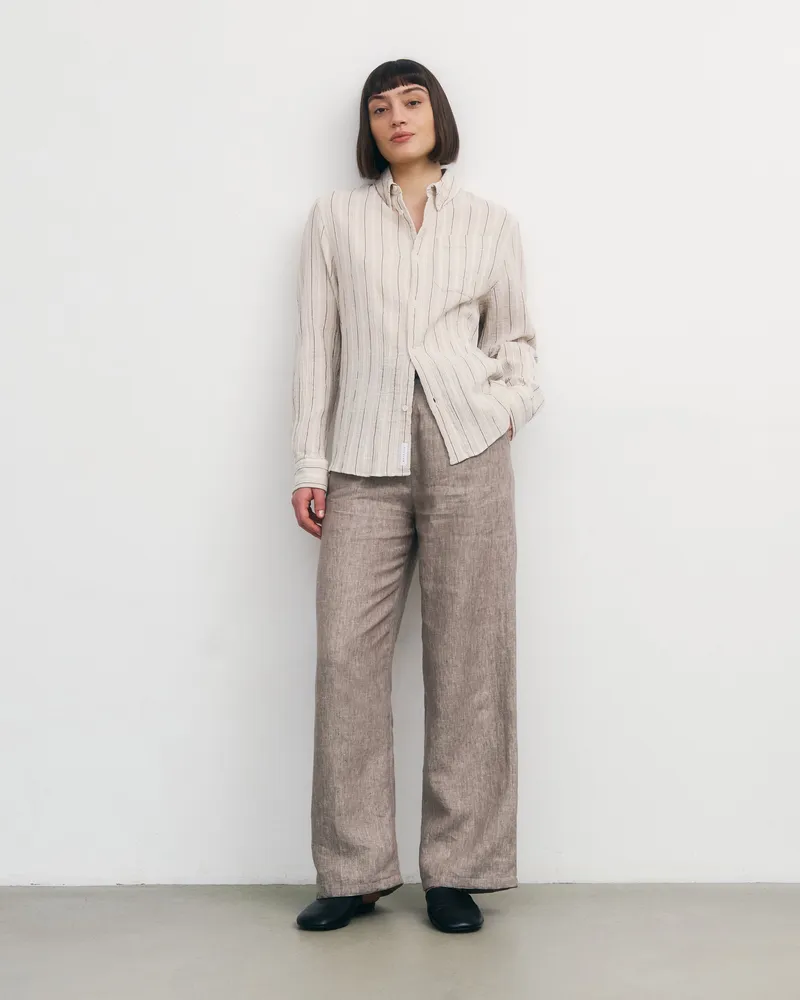 Rotholz Rotholz Damen vegan Hemd Musselin Beige Gestreift, Beige, – Produktbild 1 von 2