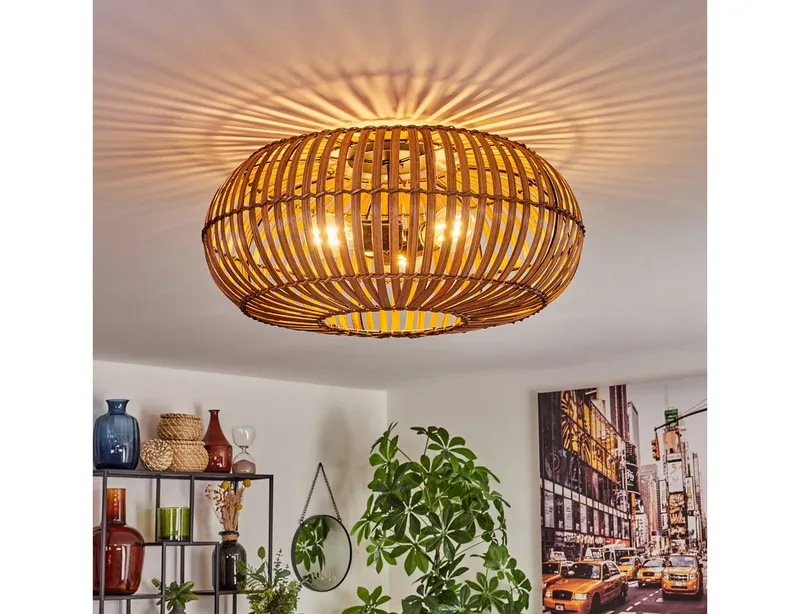 hofstein Deckenleuchte moderne Deckenlampe aus Metall/Bambus in Schwarz/Natur/Dunkelbraun, ohne Leuchtmittel, m. Lichteffekt an der Decke, Ø 50 cm, 3 x E27, ohne Leuchtmittel, Beige|braun, – Produktbild 1 von 5