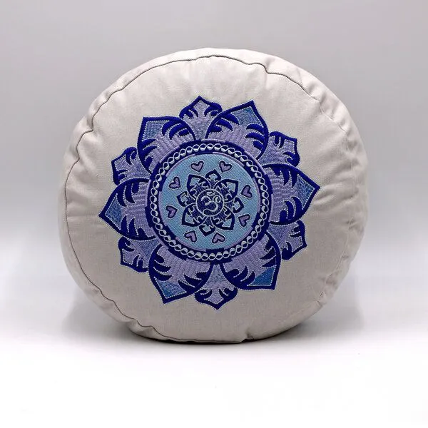 BAGHI BAGHI Meditationskissen rund mit OM Mandala Bestickung, Hellgrau, – Produktbild 1 von 4