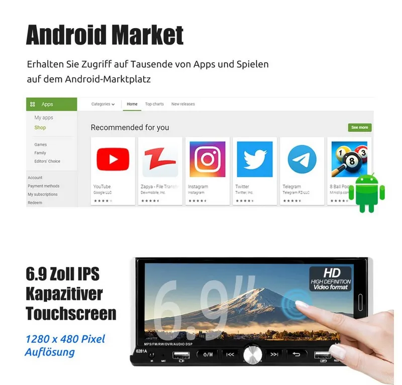 ESSGOO 4GB+64GB Single 1DIN Android 15 Apple Carplay Android Auto GPS WiFi Navigationsgerät (Carplay Android Auto Bluetooth FM AM RDS WIFI GPS), Schwarz, – Produktbild 5 von 5