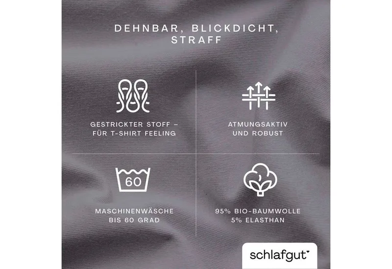 Schlafgut Schlafgut Spannbettlaken PURE Bio-Baumwolle mit Elasthan, 170 g/m², Bettlaken, Spannbetttuch, Jersey, Gummizug: rundum, (1 Stück), PREMIUM Laken für Matratzen bis 30cm Höhe, dehnbar blickdicht, straff, Grau, – Produktbild 4 von 5