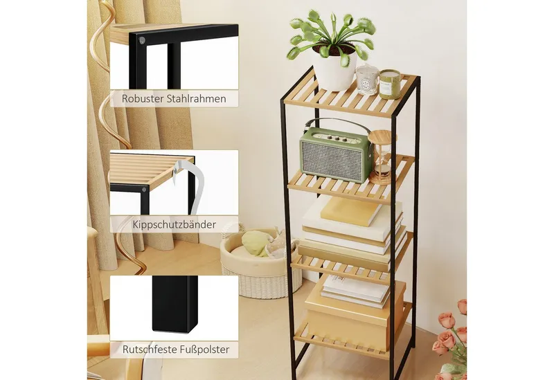 HOMCOM HOMCOM Standregal Badregal mit 4 Ablagen, 36,5x33x110cm, Natur, Aufbewahrungsregal 1-tlg., für Wohnzimmer, Schlafzimmer, Beige, – Produktbild 5 von 5