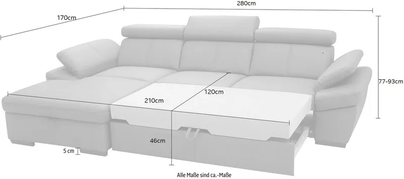 exxpo - sofa fashion Ecksofa Salerno, Funktionssofa, Breite 280cm, hoher Sitzkomfort, L-Form, inkl. Kopf- und Armteilverstellung, wahlweise mit Bettfunktion, Grau, – Produktbild 7 von 8
