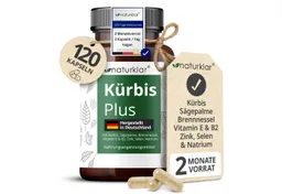 Naturklar Sägepalmenextrakt & Kürbiskernextrakt - 8 Fach Kombi Kapseln, mit Brennnesselextrakt, Vitamin E, Zink, Selen & Natrium à 85 g, mit Brennnesselextrakt, Vitamin E, Zink, Selen & Natrium – Produktbild 1 von 1