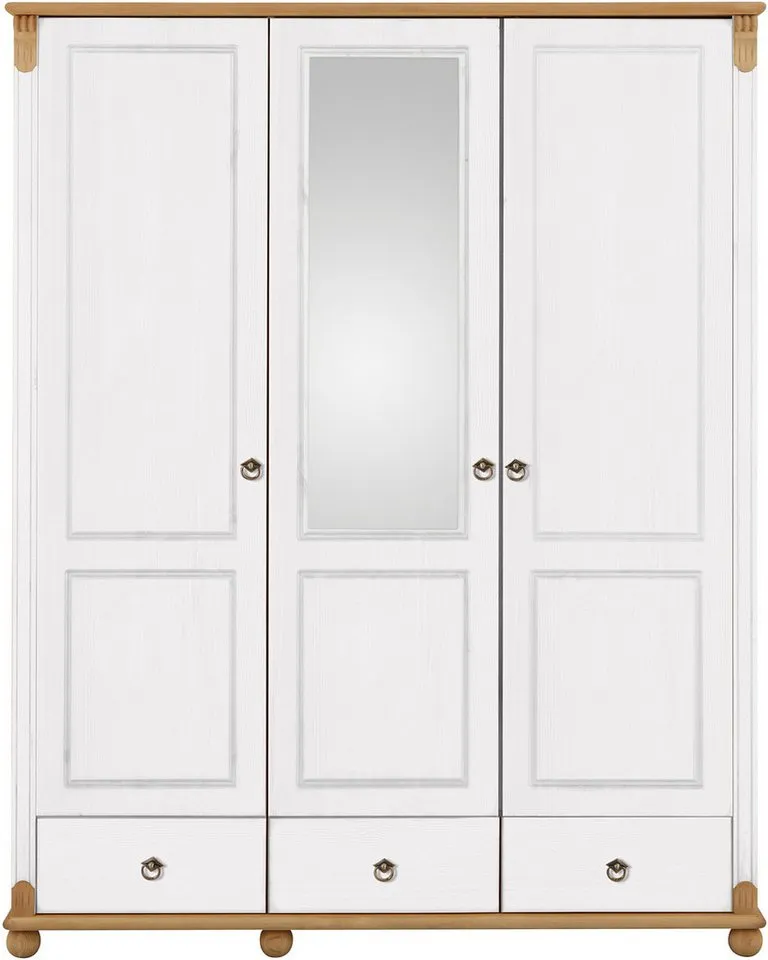 OTTO home Kleiderschrank Tessin, Dretürenschrank, 3-türig (B/H/T ca. 152/191/59 cm) Breite 152 cm, Kiefer massiv, mit Spiegel und 3 Schubladen, Weiß, – Produktbild 3 von 5