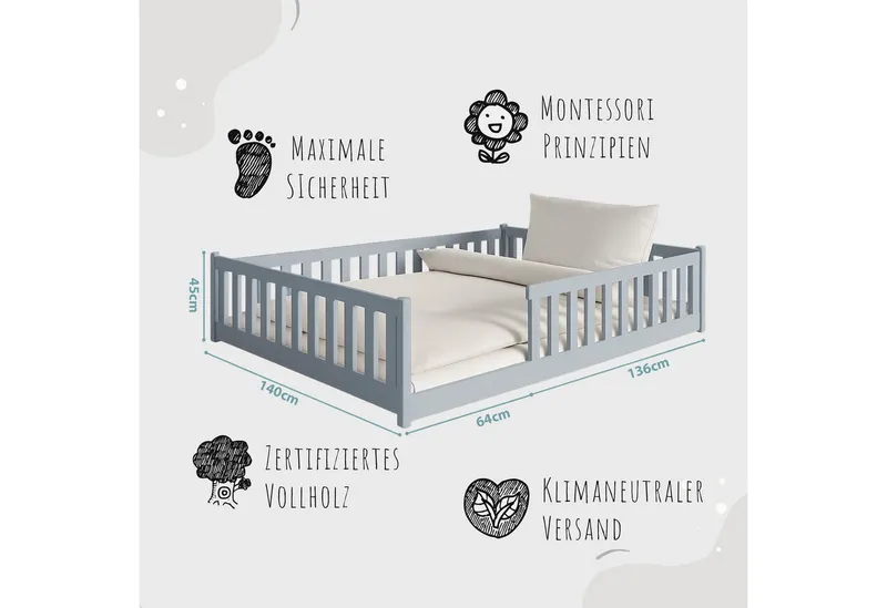 Kids Collective Kinderbett Bodenbett Bett mit Rausfallschutz & Lattenrost Montessori Bett Kinder (Jungen, Mädchen, Kinder, weitere Größen 80x160, 80x180, 90x190, 90x200, 120x200 cm), Jugendbett Gitterbett Einzelbett mit Matratze, Aschgrau 140x200 cm, Grau, – Produktbild 5 von 5
