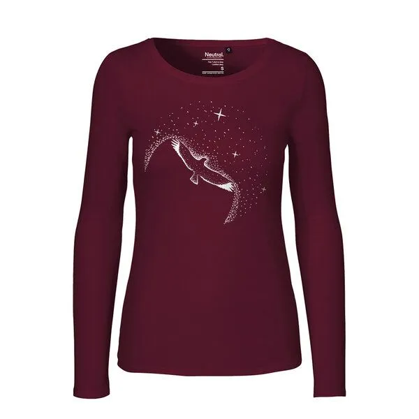 HANDGEDRUCKT HANDGEDRUCKT "Sternstunde" Frauen Longsleeve aus reiner Biobaumwolle (kbA), Bordeaux, – Produktbild 1 von 3