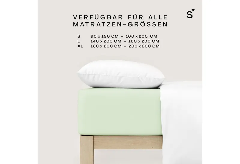 Schlafgut Schlafgut Spannbettlaken Basic Cotton Bettlaken, 160 g/m², 100% Baumwolle, Spannbetttuch, Jersey, Gummizug: rundum, (1 Stück), Spannbettlaken bis 20 cm Matratzenhöhe, bügelfrei und pflegeleicht, Grün, – Produktbild 4 von 8