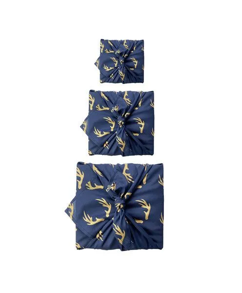 FabRap Gift Wrap FabRap Gift Wrap Wiederverwendbare Geschenkverpackung Furoshiki - Set mit drei Größen (einseitig), Midnight reindeers (blau gold), – Produktbild 2 von 4