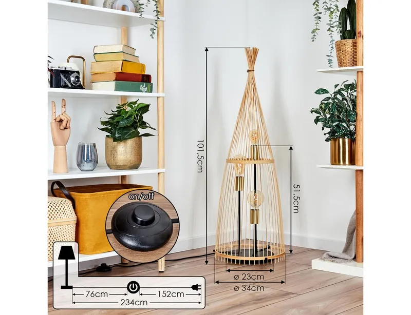 hofstein Stehlampe moderne Stehleuchte aus Metall/Bambus in Schwarz/Naturfarben, ohne Leuchtmittel, Boho-Style, Fußschalter am Kabel, Ø 34 cm, 3 x E27, ohne Leuchtmittel, Beige, – Produktbild 4 von 5