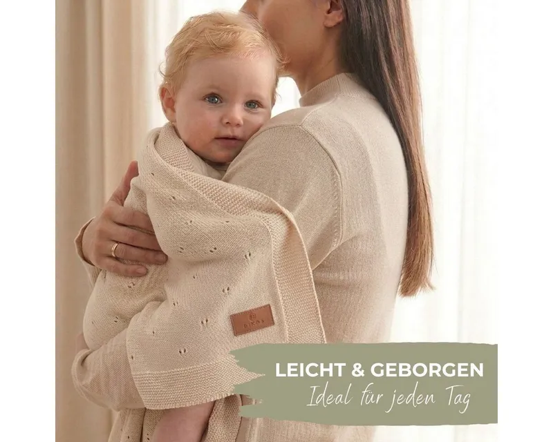 Babydecke DIKOS® aus *100%* Bio Baumwolle, Strickdecke, Geschenk zur Geburt, DIKOS, PREMIUM Qualität, Sommerdecke Ajour, 75x100, atmungsaktiv, weich, Beige, – Produktbild 3 von 5
