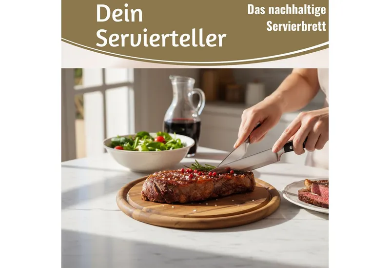 LS-LebenStil Servierbrett 4x Holz Fleischteller Servierteller 25cm Akazie Rund Schneidebrett, Holz, (Set - 4 Stück - Schneidebrett mit Saftrille Vesperbrett Brotzeitbrett, 4-St., Vesperbrett Servierteller Pizzateller Käsebrett Holzbrett), Braun, – Produktbild 3 von 5