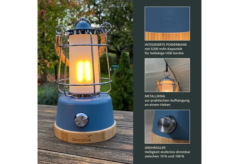 Skandika LED Gartenleuchte Campinglampe Kiruna aufladbar mit Powerbank 5000 mAh, USB, Retro Outdoor Lampe, stufenlos dimmbar, kabellos, 75h Leuchtzeit, Akku, Blau, – Produktbild 4 von 5