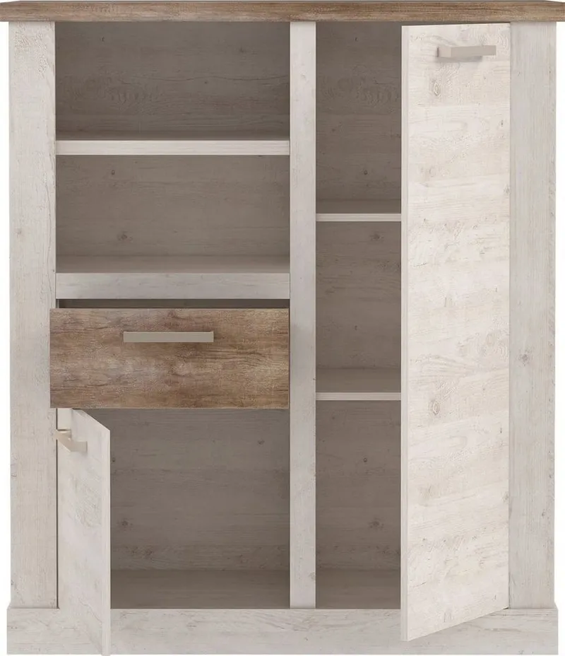 FORTE Highboard Duro, Mehrzweckschrank mit Türen & Schublade, Landhausstil, Breite 109,8 cm, Weiß, – Produktbild 4 von 5