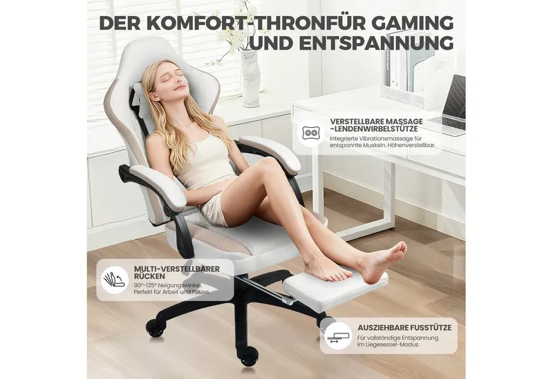 Dowinx Gaming-Stuhl Stoff mit Taschenfederkissen, Gaming Sessel mit Fußstütze, Ergonomischer Bürostuhl, Beige, – Produktbild 7 von 7
