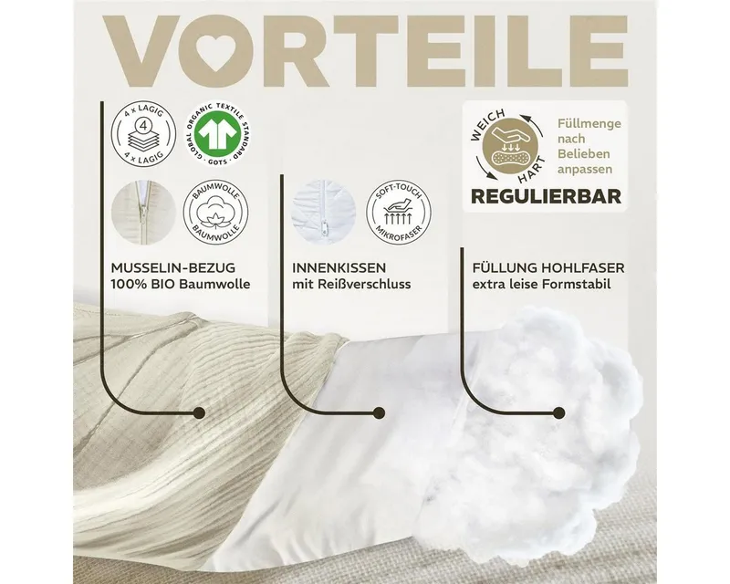 SEI Design Stillkissen Seitenschläferkissen XXL Babynest - Baby Erstausstattung Neugeborene, Schwangerschaftskissen 190x30 cm, Schwangerschaftskissen mit Bezug, Musselin Bezug 100% BIO Baumwolle, Beige, – Produktbild 4 von 5