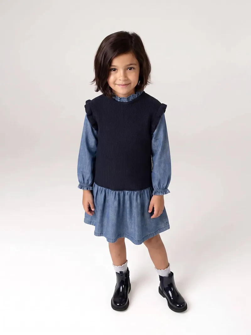 Vertbaudet Vertbaudet Mädchen 2-in-1-Kleid mit Denim, Marine, – Produktbild 2 von 4