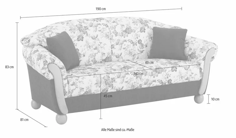 Home affaire 3-Sitzer Milano, bequemes Sofa mit geschwungenen Armlehnen, Landhaus-Stil, Braun, – Produktbild 2 von 4
