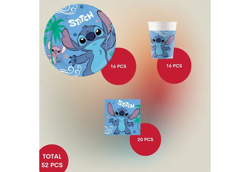 Procos Einweggeschirr-Set Stitch & Angel Partygeschirr Set 52-tlg Kindergeburtstag Disney Teller, 16 Personen, Bunt, – Produktbild 2 von 5