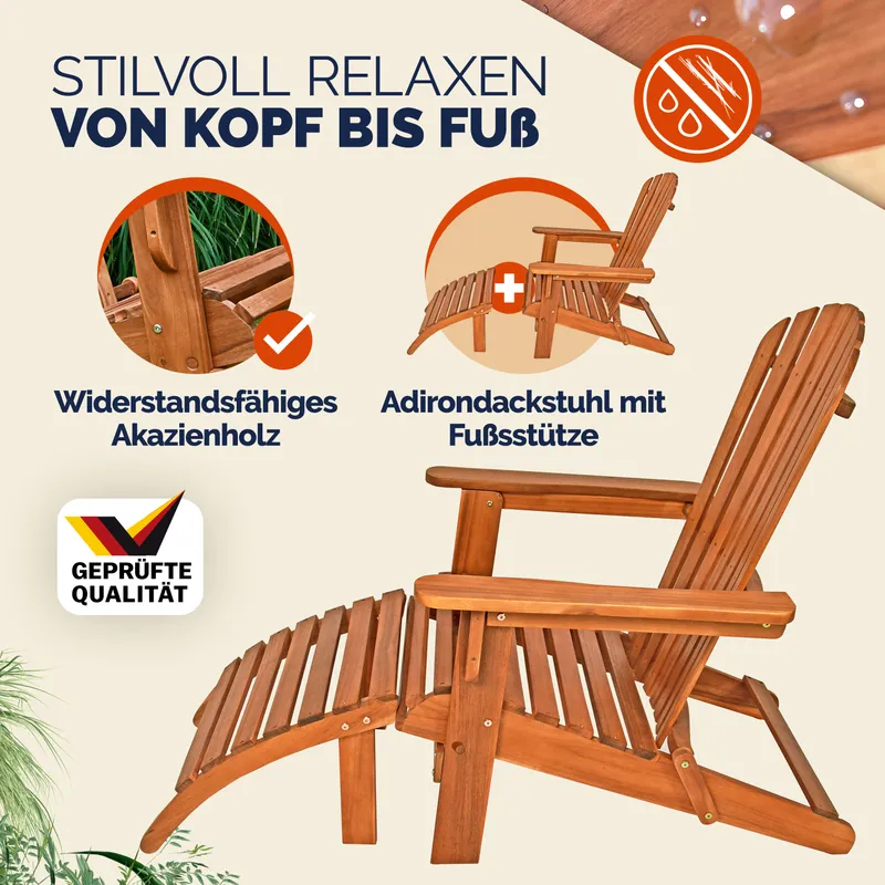 Casaria® Sonnenstuhl Adirondack Akazienholz inkl Fußstütze, Braun, – Produktbild 2 von 2