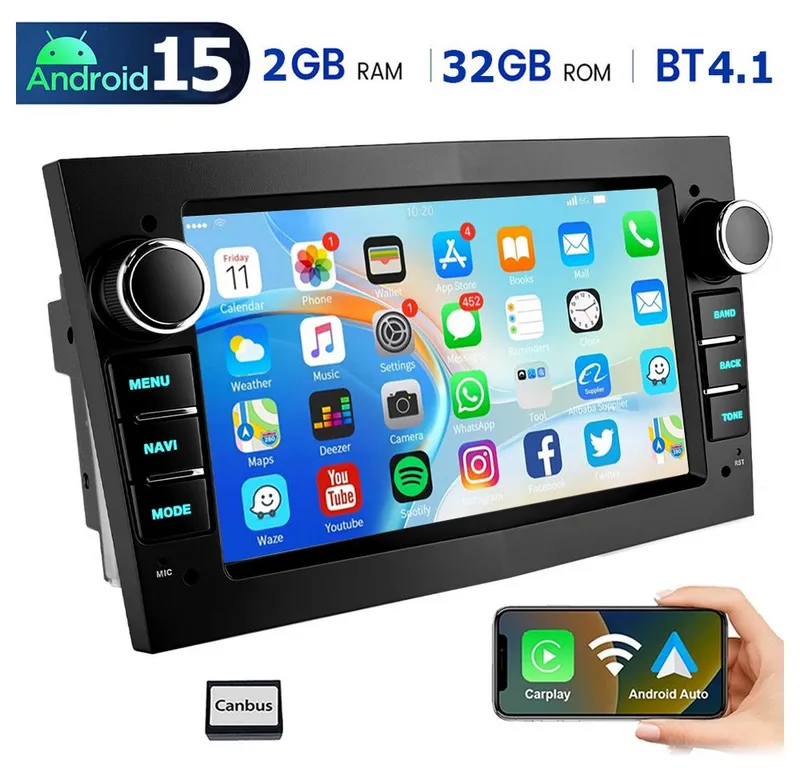 ESSGOO 7'' Android 15 WinCE für Opel Astra H/Corsa C/D/Vectra C/Zafira h 2DIN Navigationsgerät (Apple Carplay Android Auto GPS Navi WIFI BT EQ), Schwarz, – Produktbild 2 von 8