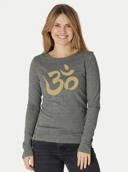 Peaces.bio - handbedruckte Biomode Peaces.bio - handbedruckte Biomode Bio-Damen-Langarmshirt "OM", Grau, – Produktbild 2 von 3