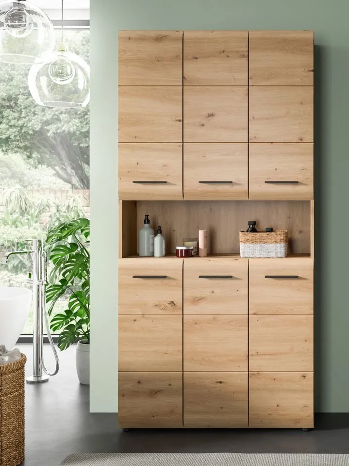 Inn.Furn Hochschrank Cover (Badschrank und Mehrzweckschrank in Eiche Artisan, 6-türig, 90 x 185 cm) mit 8 Böden und 12 Fächern, Beige, – Produktbild 1 von 5