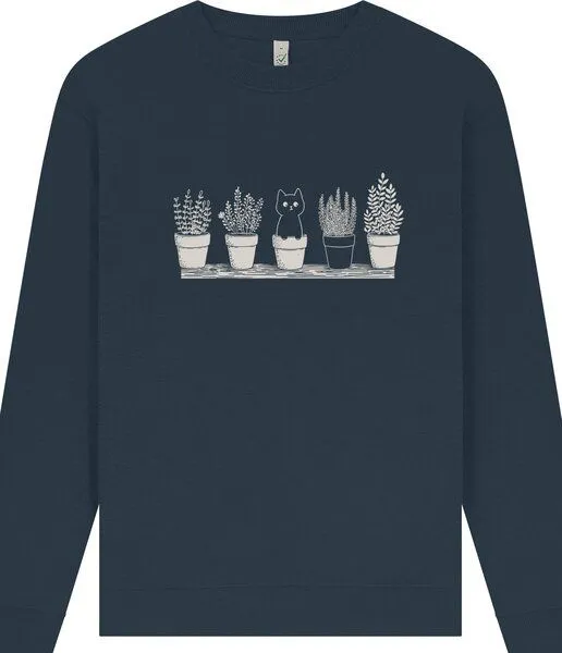 Spreecult Spreecult Katze im Blumentopf - Unisex Sweatshirt - Bio und Fair, Denim (blau), – Produktbild 1 von 4