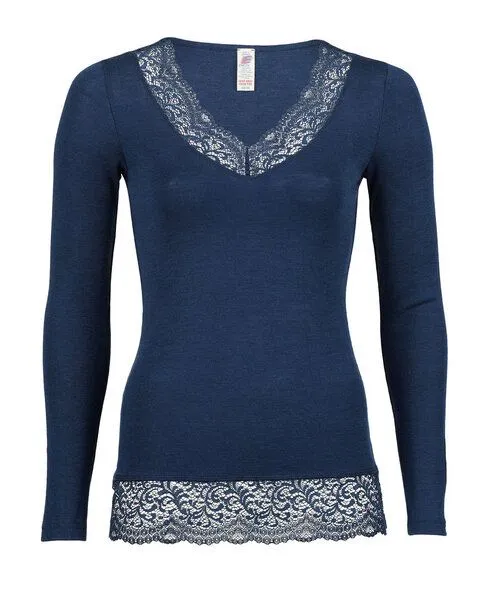 Engel Engel Natur Damen-Shirt langarm mit Spitze Schurwolle Seide, Marineblau, – Produktbild 1 von 2